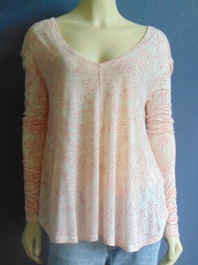 Free People V-Neck A-Line High Low Salmon Print Airy Slouchy Knit Top XS